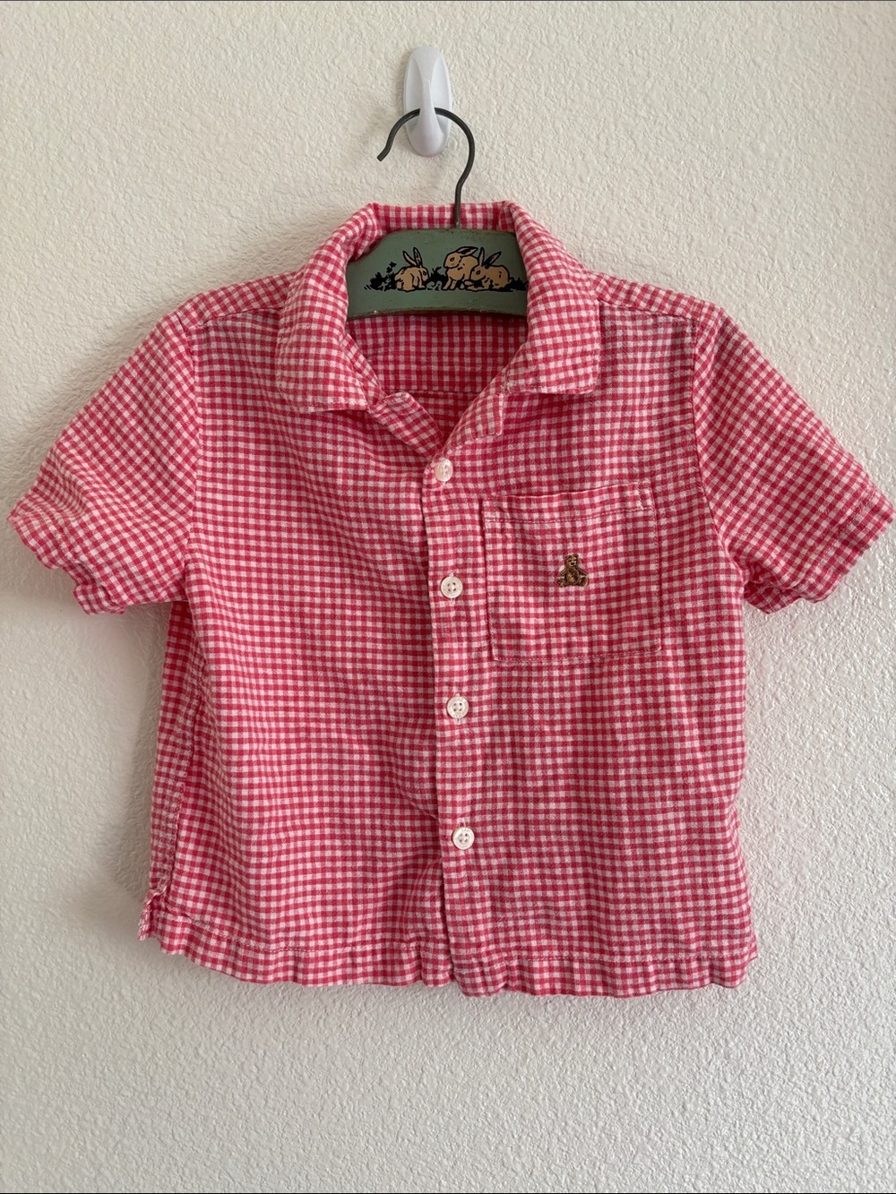 Baby Gap Cotton Linen Salmon & White Gingham Short Sleeve Button Down Shirt